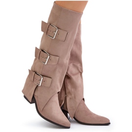 Seastar Stivali beige a tacco alto con tomaia risvoltata e fibbie 3