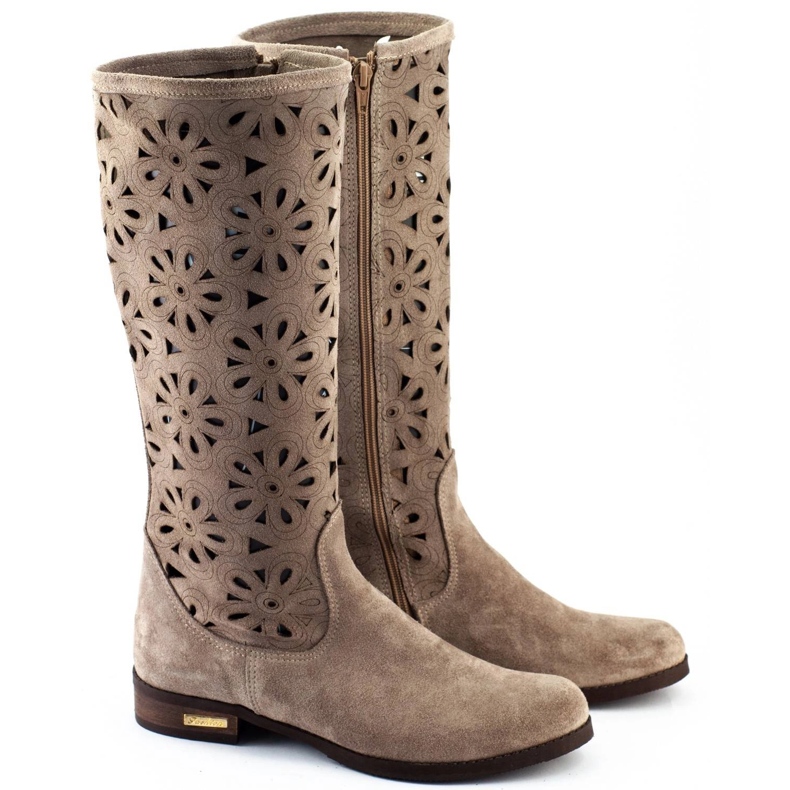 Olivier Stivali da donna traforati con fiori, beige scuro 2
