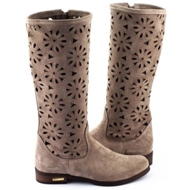 Olivier Stivali da donna traforati con fiori, beige scuro 4