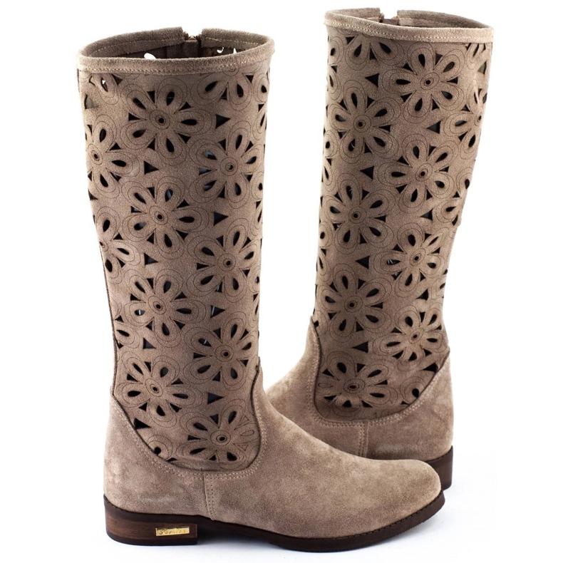 Olivier Stivali da donna traforati con fiori, beige scuro 4