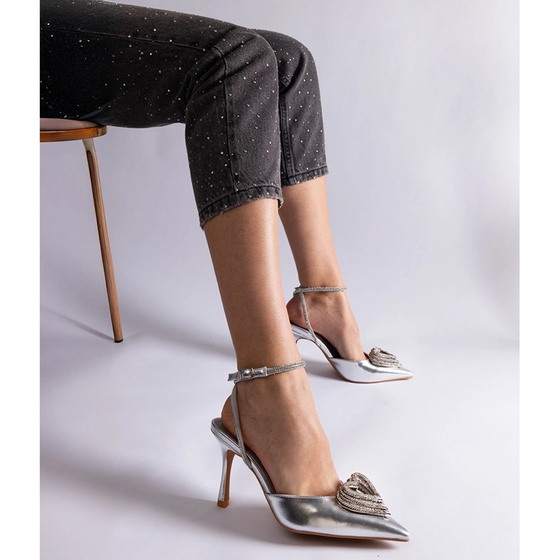 Tacchi alti argento con tacco aperto decorato con zirconi d'argento 2