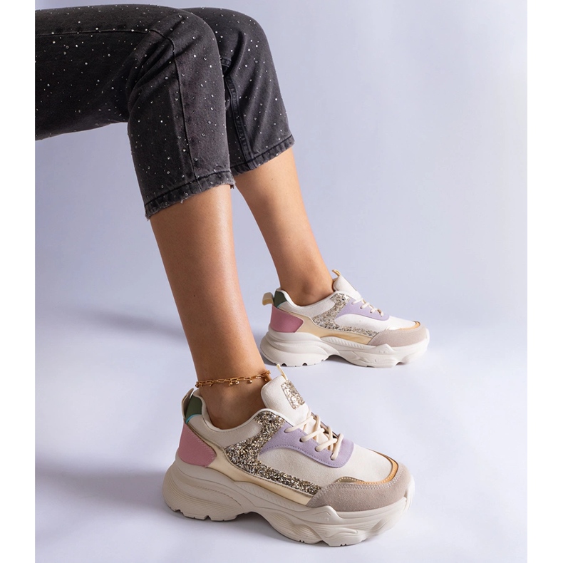 Sneaker multicolore con inserti glitter beige 1