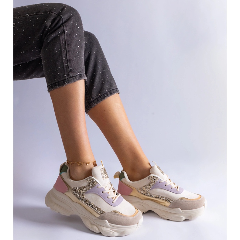 Sneaker multicolore con inserti glitter beige 2