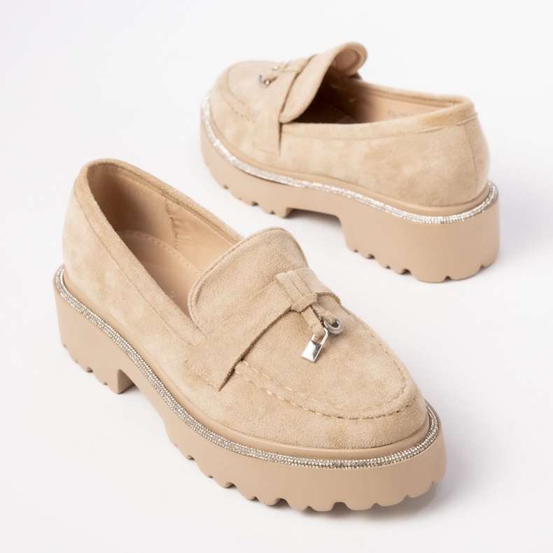 Mocassine in pelle scamosciata femminile con frange kaki beige 2