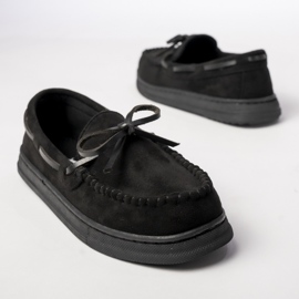 Mocassine in pelle scamosciata nera femminile con un arco nero 2