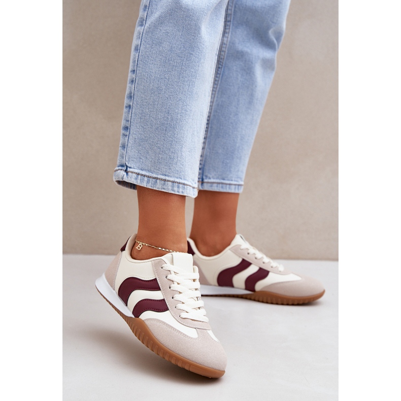 Sneaker da donna classiche con beige-burgundy in pelle ecologica 2
