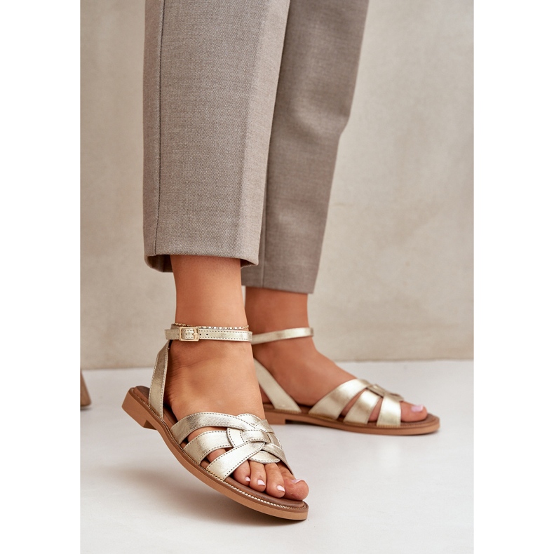 Sandali in pelle da donna con tacchi piatti Zazoo 3688 Zlotys d'oro 2