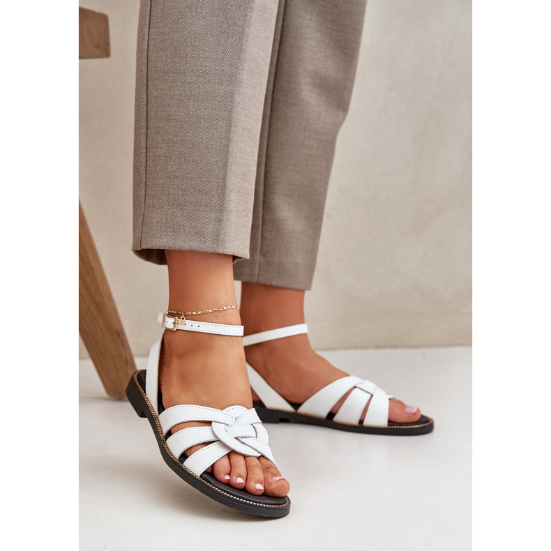 Sandali in pelle da donna con tacchi piatti Zazoo 3688 Bianco bianca 2