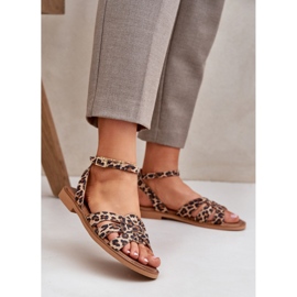 Zazoo Sandali in pelle da donna con tacchi piatti Stampa leopardo 3688 marrone 2