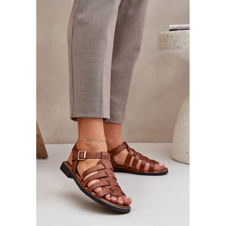 Sandali in pelle con tacchi piatti Zazoo 3686 Camel marrone 2