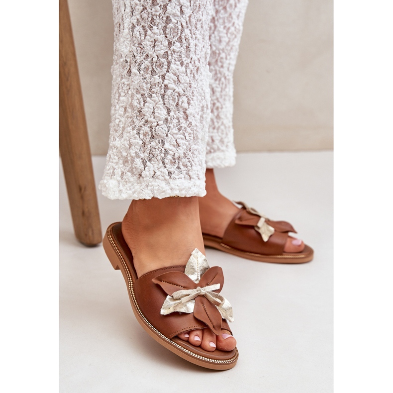 Pantofole con decorazione in pelle naturale zazoo 3574/z cammello marrone 2