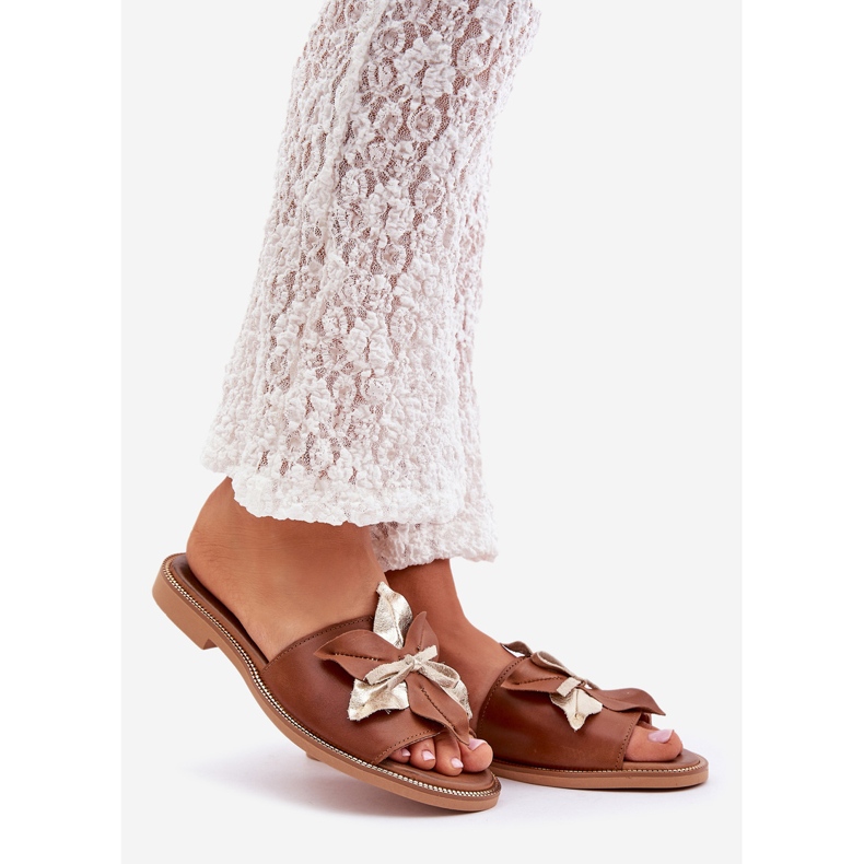 Pantofole con decorazione in pelle naturale zazoo 3574/z cammello marrone 1