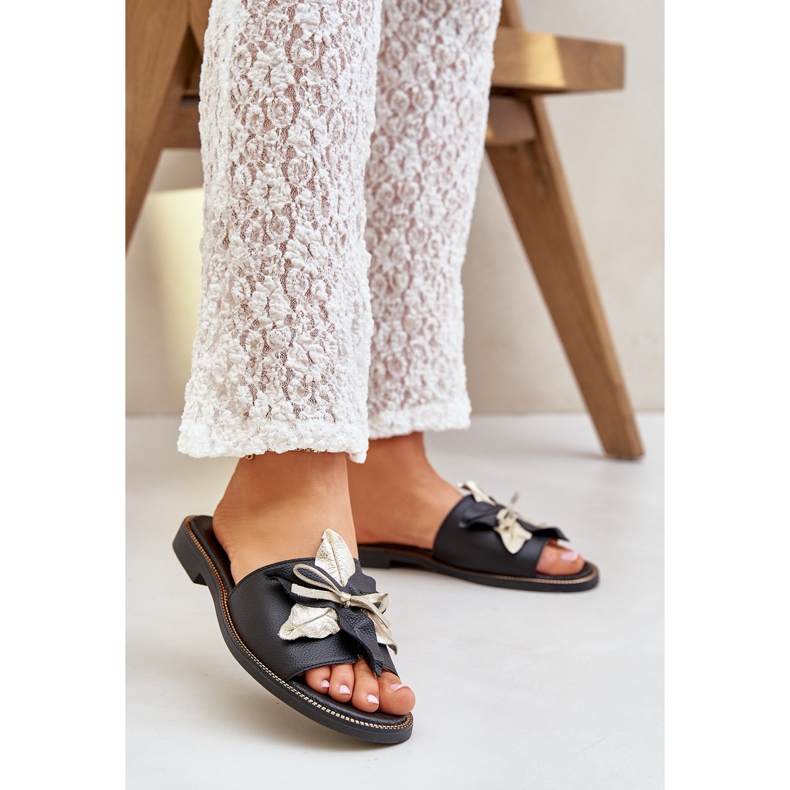 Pantofole con decorazione in pelle naturale zazoo 3574/z nero 2