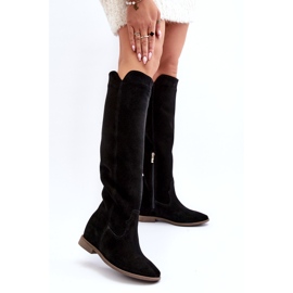Zazoo 3407 stivali da ginocchio in pelle scamosciata femminile con tacchi piatti nero 3