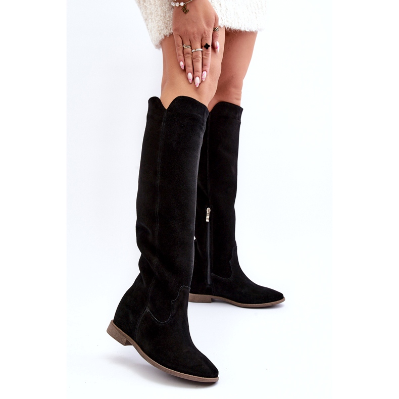 Zazoo 3407 stivali da ginocchio in pelle scamosciata femminile con tacchi piatti nero 3