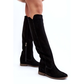Zazoo 3407 stivali da ginocchio in pelle scamosciata femminile con tacchi piatti nero 4