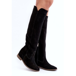 Zazoo 3407 stivali da ginocchio in pelle scamosciata femminile con tacchi piatti nero 1