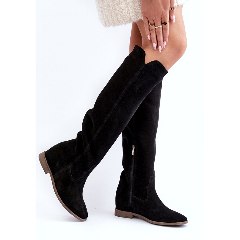 Zazoo 3407 stivali da ginocchio in pelle scamosciata femminile con tacchi piatti nero 2