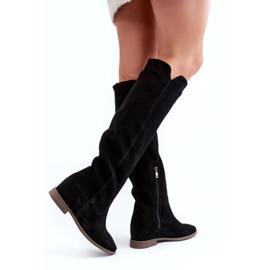 Zazoo 3407 stivali da ginocchio in pelle scamosciata femminile con tacchi piatti nero 5