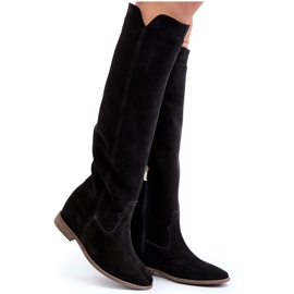 Zazoo 3407 stivali da ginocchio in pelle scamosciata femminile con tacchi piatti nero 6