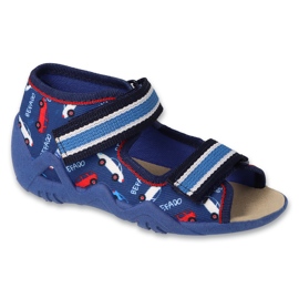 Sandali per bambini Befado, sottopiede in pelle 350P038, blu navy con motivi di automobili 1