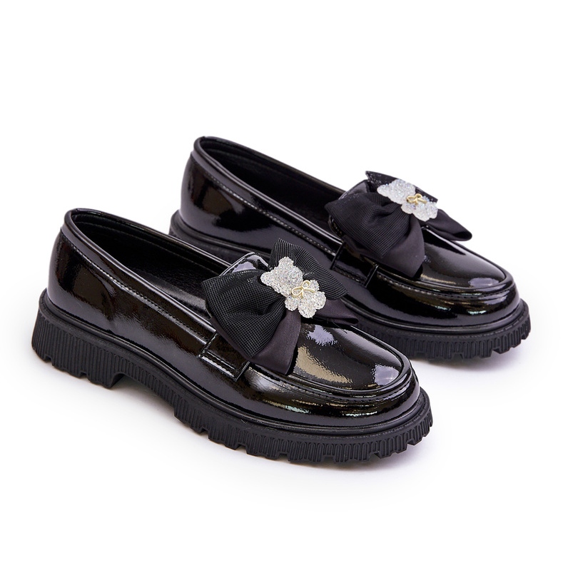 Mocassini per ragazze dipinte con un fiocco in pelle nera eco nero 4