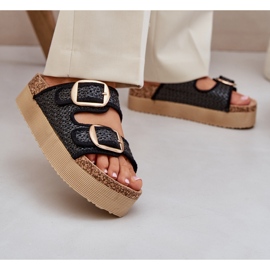 Pantofole con treccia e fibbie sull'enorme piattaforma nera nero 2