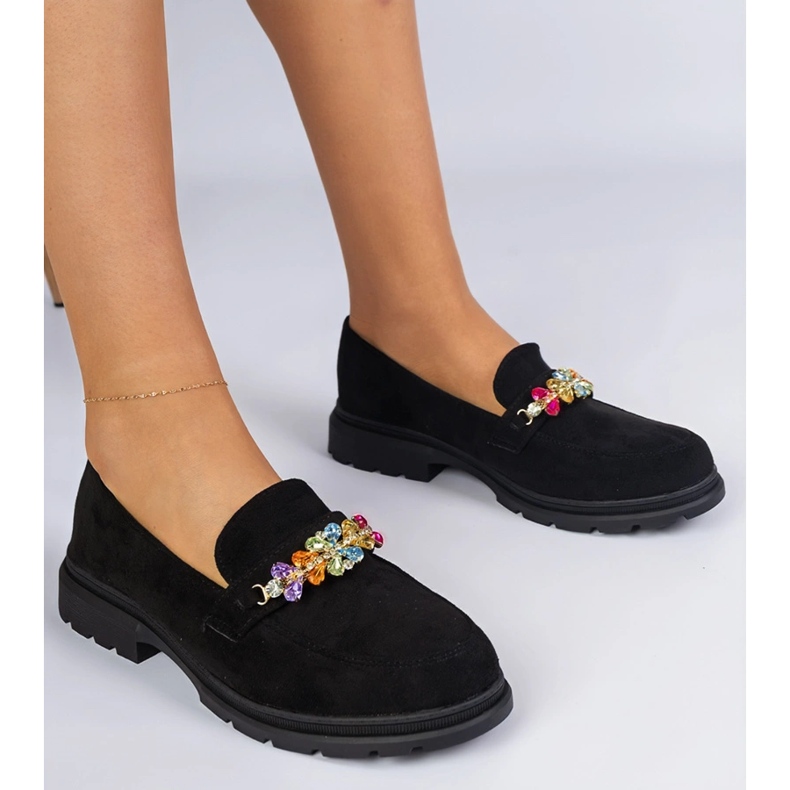 Mocassini da donna nera decorati con pietre nero 2