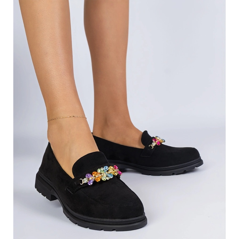 Mocassini da donna nera decorati con pietre nero 1