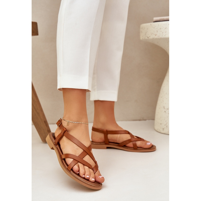 Sandali piatti in pelle con cinturini marroni intrecciati Zazoo 40429 marrone 2