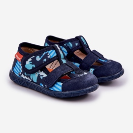 Pantofole per bambini per velcro con dinosauri blu navy 1