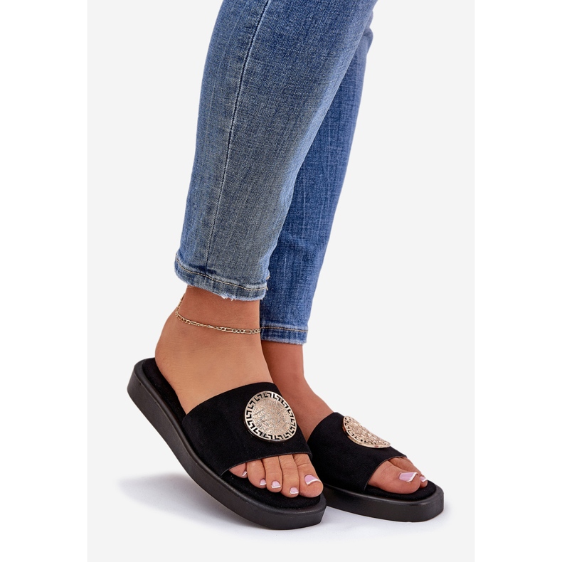 Pantofole da donna con una decorazione dorata nera nero 1