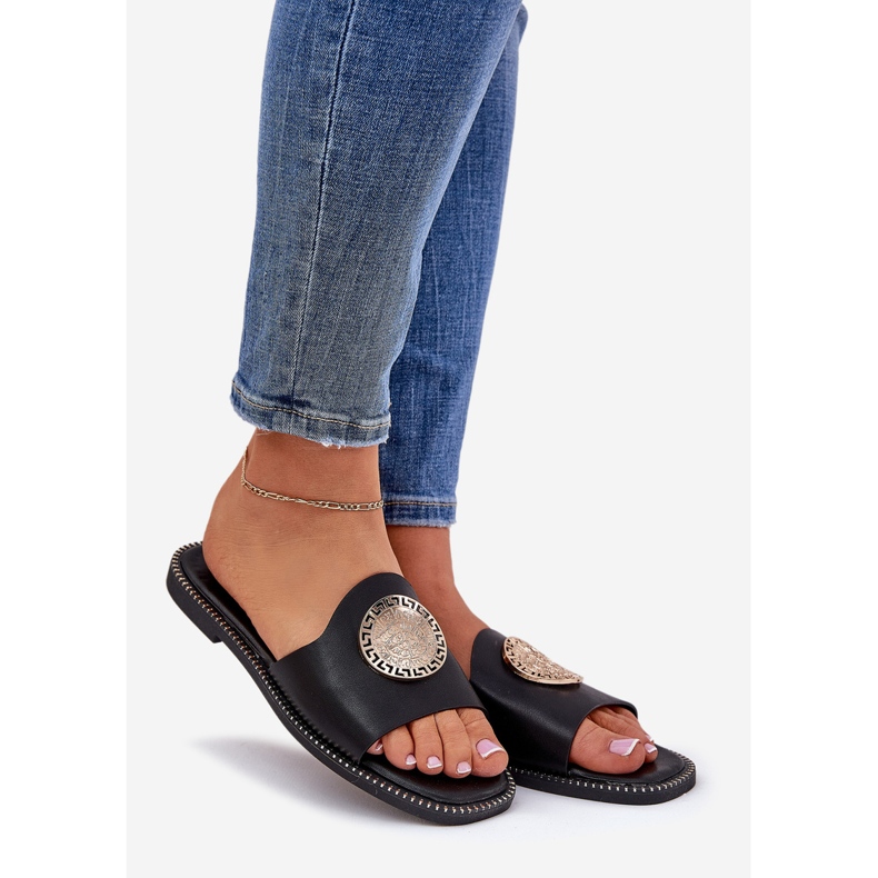 Flip flip piatti in pelle Eco con decorazione nera nero 1
