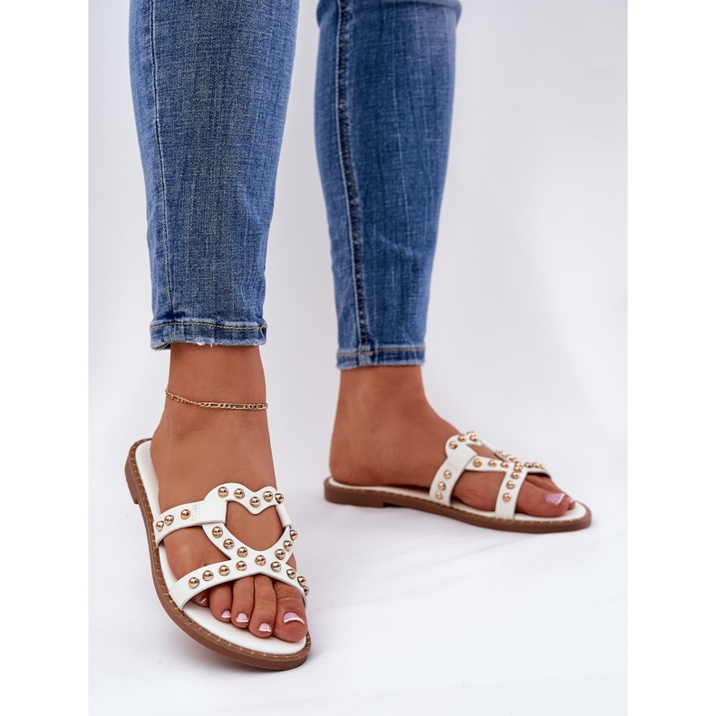 Pantofole da donne bianche piatte decorate bianco 2