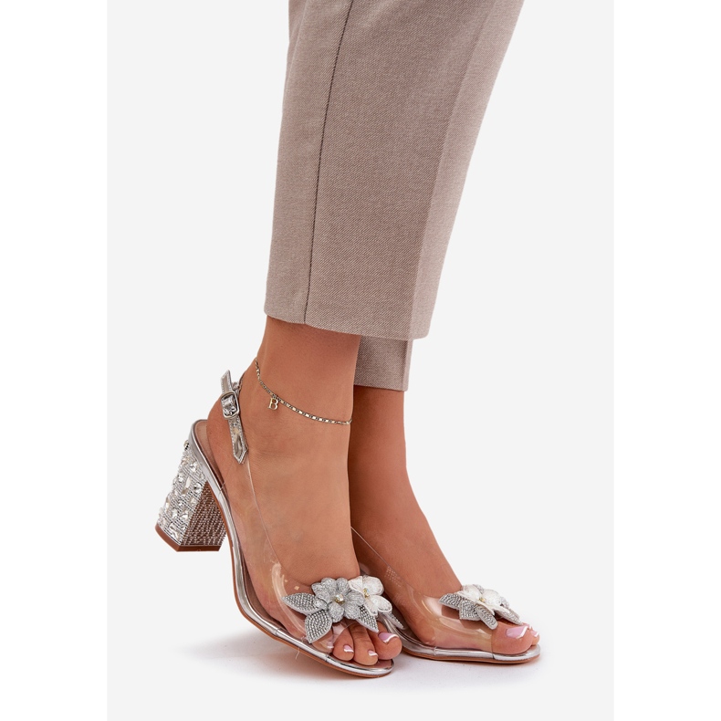 S.Barski Sandali trasparenti con fiori sul tallone decorato D&amp;A MR38-331 Silver argento 1