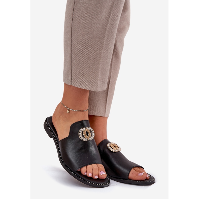 Eleganti infradito da donna in pelle con decorazione Zazoo 3008 Nero 1