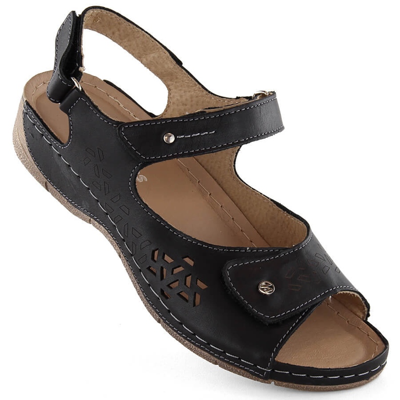 Comodi sandali da donna in pelle con velcro, neri Helios 266-2.011 nero 1