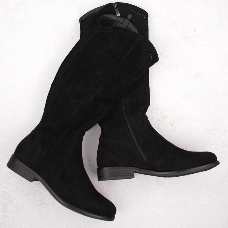 Stivali traforati in pelle scamosciata da donna, nero S.Barski HY66-150 1