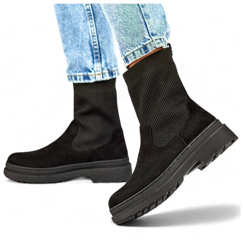 Stivaletti da donna in pelle scamosciata con tomaia a calzino, nero HB-175B 1