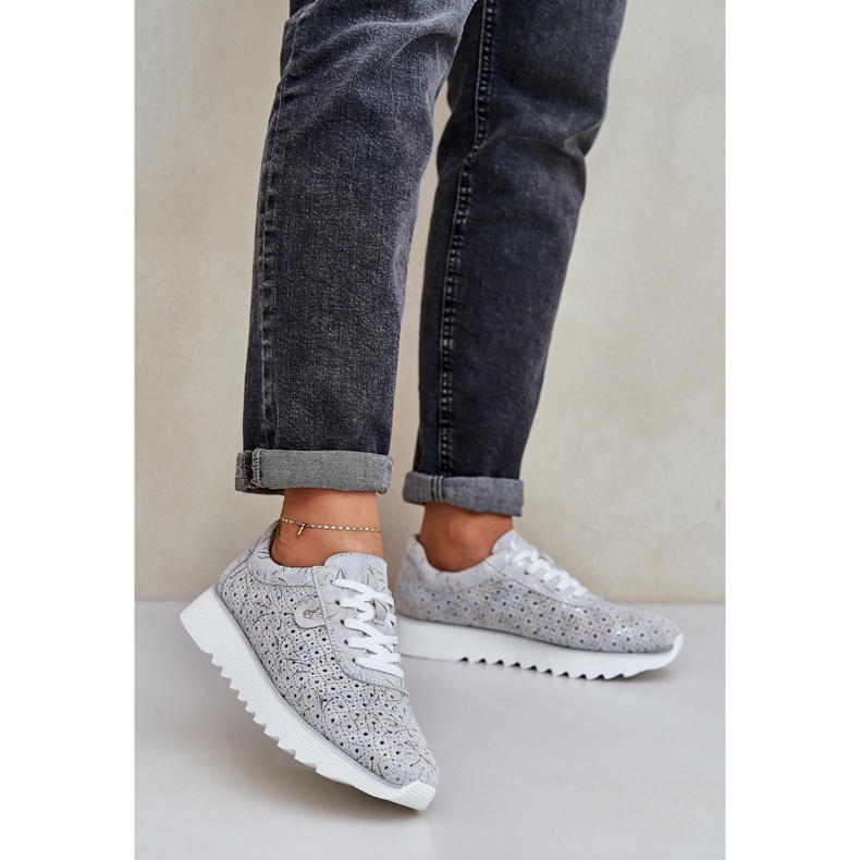S.Barski Scarpe sportive modellate in pelle scamosciata su una piattaforma con D&amp;A LR51-635 Silver Glitter grigio 2