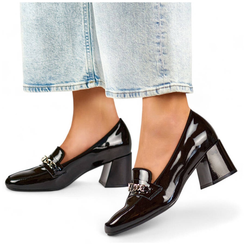 Scarpe da donna con tacco in pelle con decorazione, nere 24-58242B nero 1
