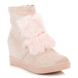 Sneakers con zeppa con pelliccia rosa 1