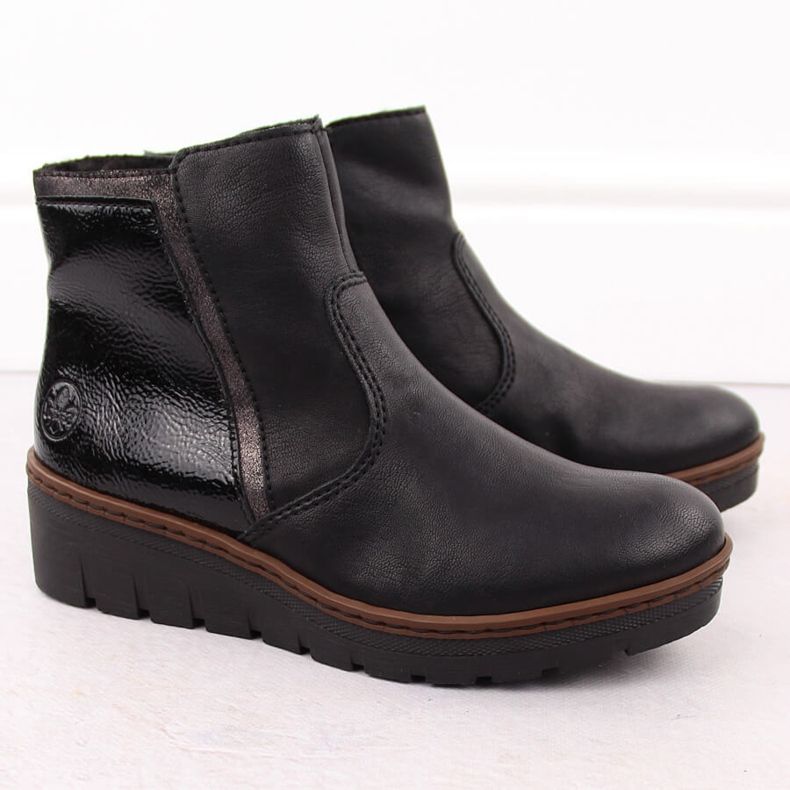 Comodi stivaletti da donna in vernice nera Rieker X9150-00 nero 2