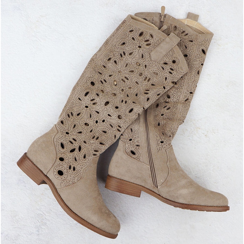 Stivali da donna Openwork Suede Beige S.Barski Hy51-176 1
