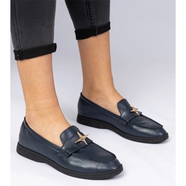 Mocassine femminili blu scuro con una decorazione dorata 1