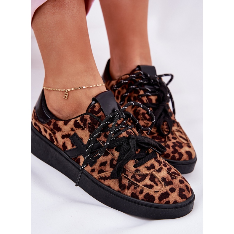 Scarpe sportive da donna bassa con stampa leopardata marrone 2