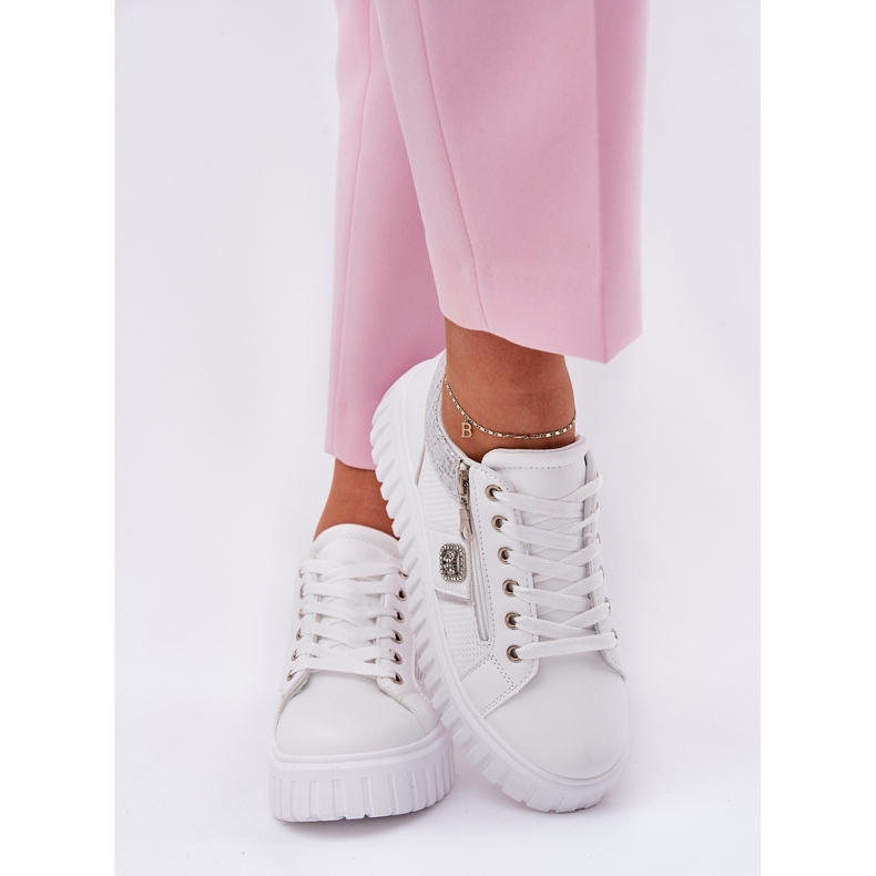 Scarpe sportive da donna sulla piattaforma con eco in pelle bianca bianco 2