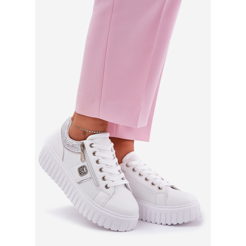 Scarpe sportive da donna sulla piattaforma con eco in pelle bianca bianco 1