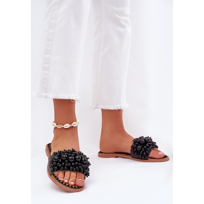 Pantofole da donna piatta con perle decorative perle nere nero 2