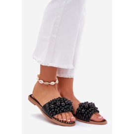 Pantofole da donna piatta con perle decorative perle nere nero 1